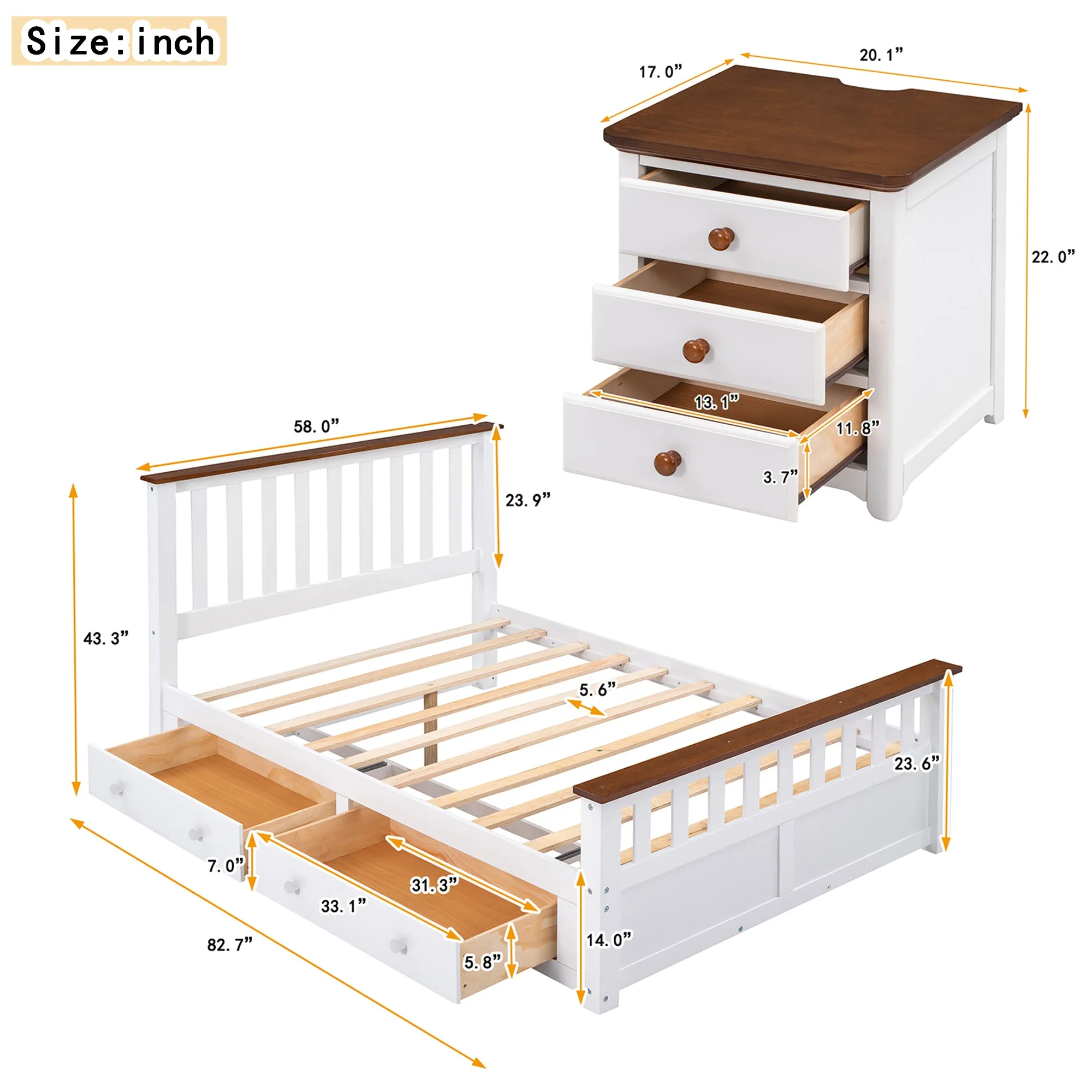 3-Pieces Bedroom Sets Full Size Platform Bed with Two Nightstands(USB Charging Ports),White Walnut