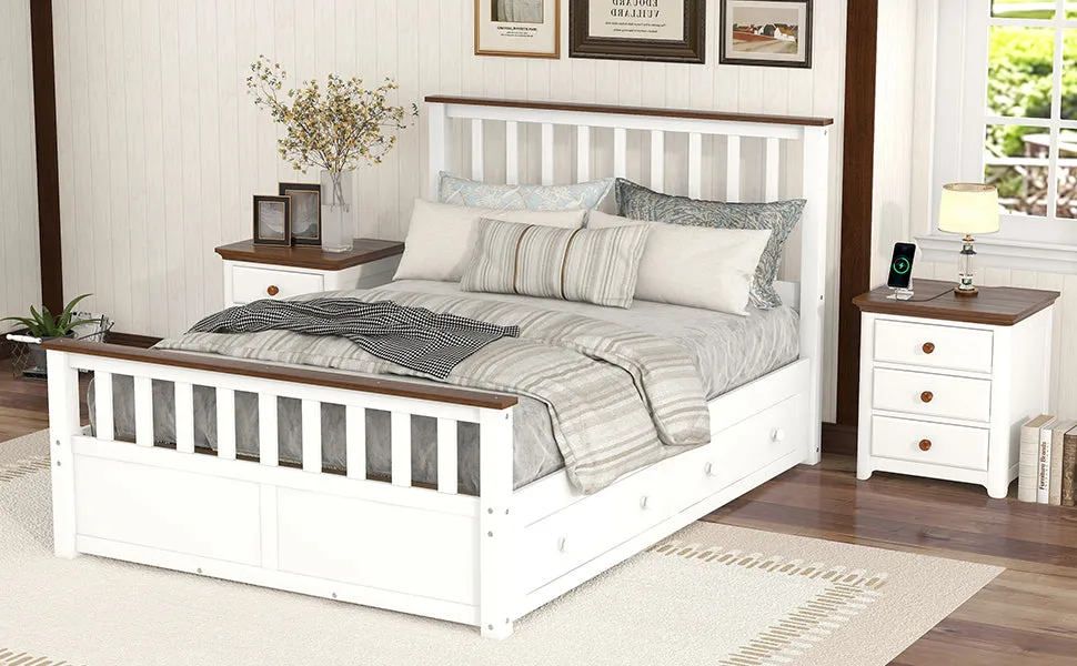 3-Pieces Bedroom Sets Full Size Platform Bed with Two Nightstands(USB Charging Ports),White Walnut