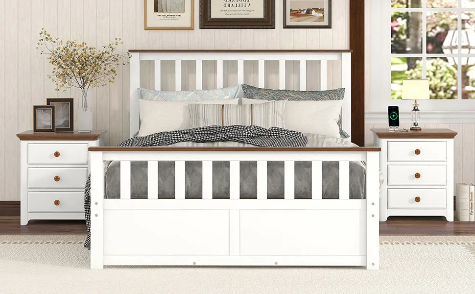 3-Pieces Bedroom Sets Full Size Platform Bed with Two Nightstands(USB Charging Ports),White Walnut