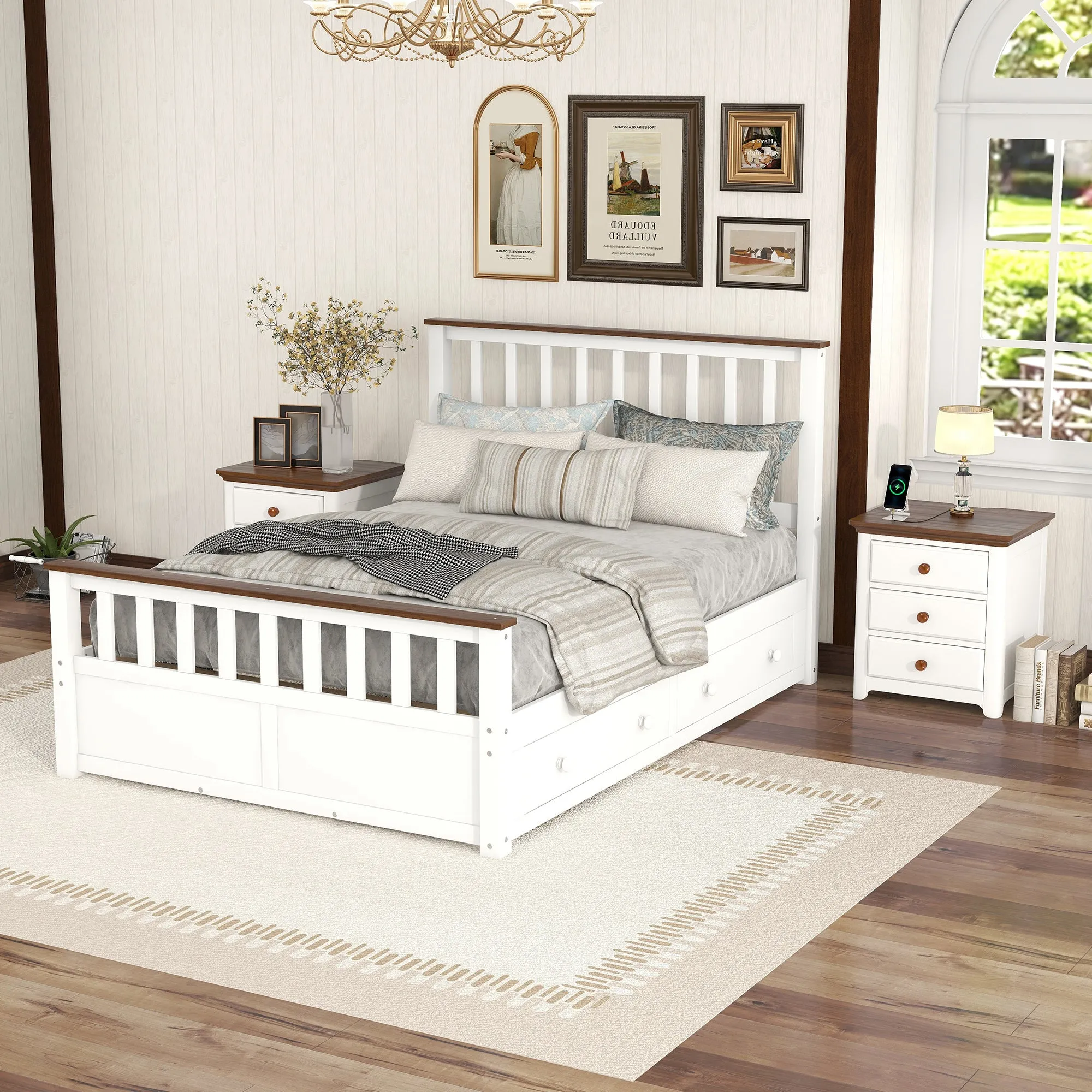 3-Pieces Bedroom Sets Full Size Platform Bed with Two Nightstands(USB Charging Ports),White Walnut