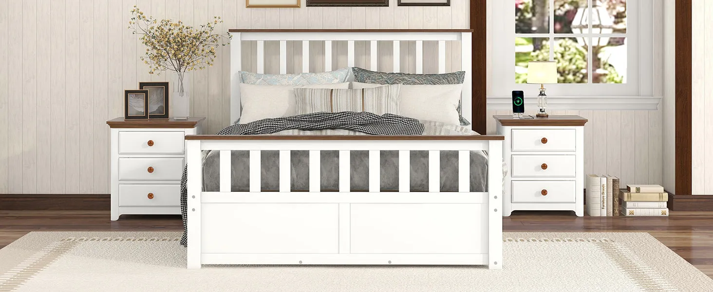3-Pieces Bedroom Sets Full Size Platform Bed with Two Nightstands(USB Charging Ports),White Walnut