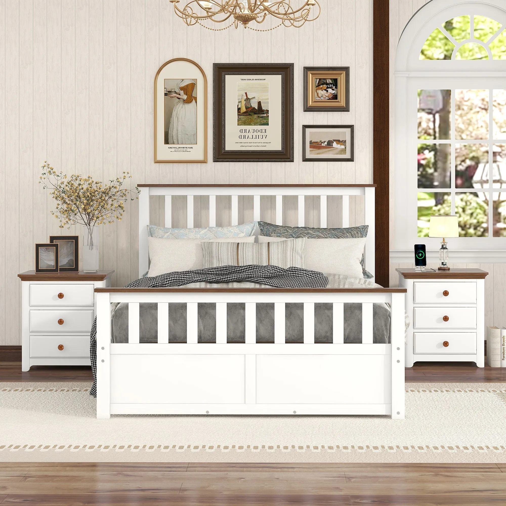 3-Pieces Bedroom Sets Full Size Platform Bed with Two Nightstands(USB Charging Ports),White Walnut
