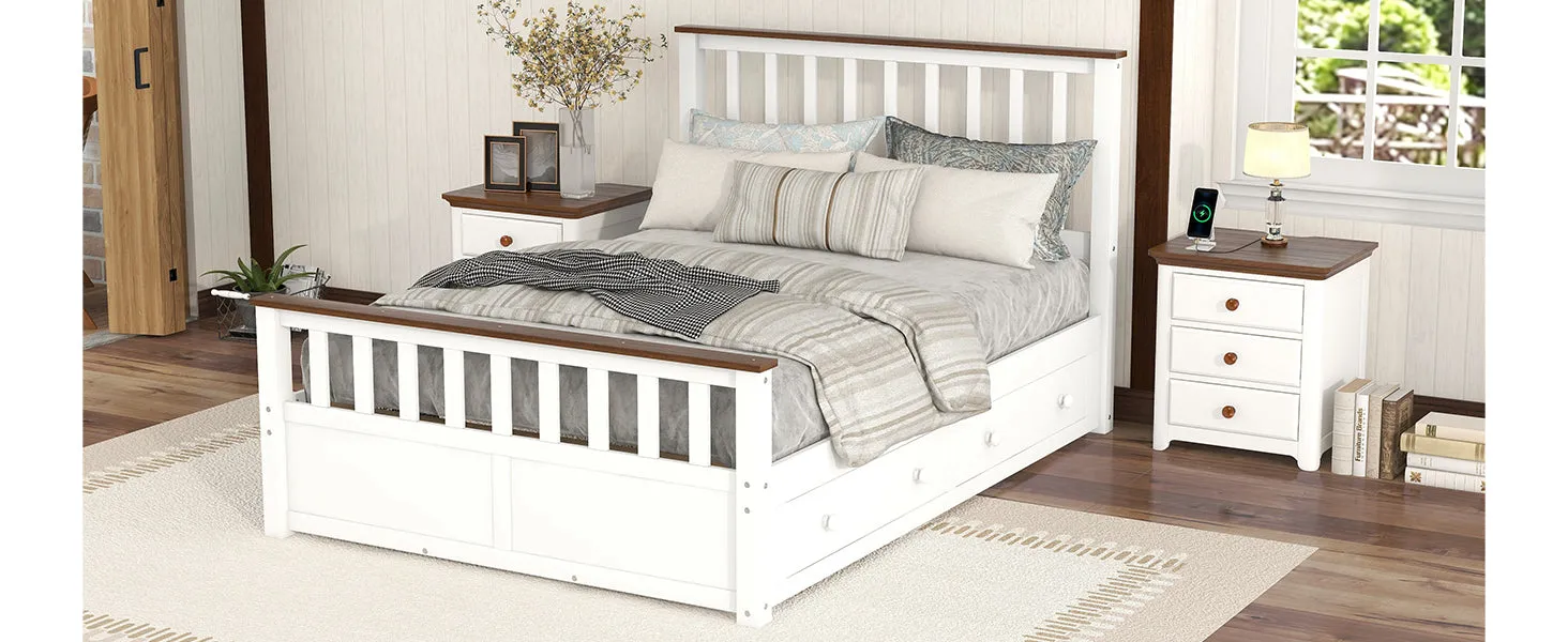 3-Pieces Bedroom Sets Full Size Platform Bed with Two Nightstands(USB Charging Ports),White Walnut