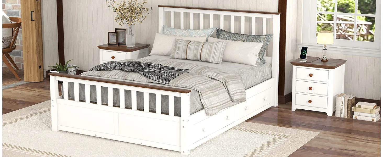 3-Pieces Bedroom Sets Queen Size Platform Bed with Two Nightstands(USB Charging Ports),White Walnut