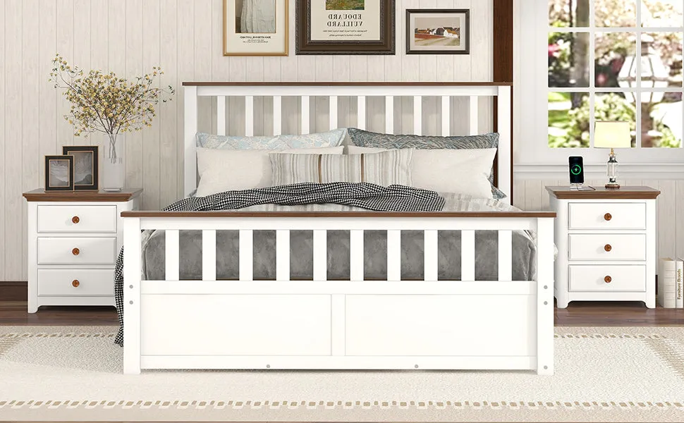 3-Pieces Bedroom Sets Queen Size Platform Bed with Two Nightstands(USB Charging Ports),White Walnut