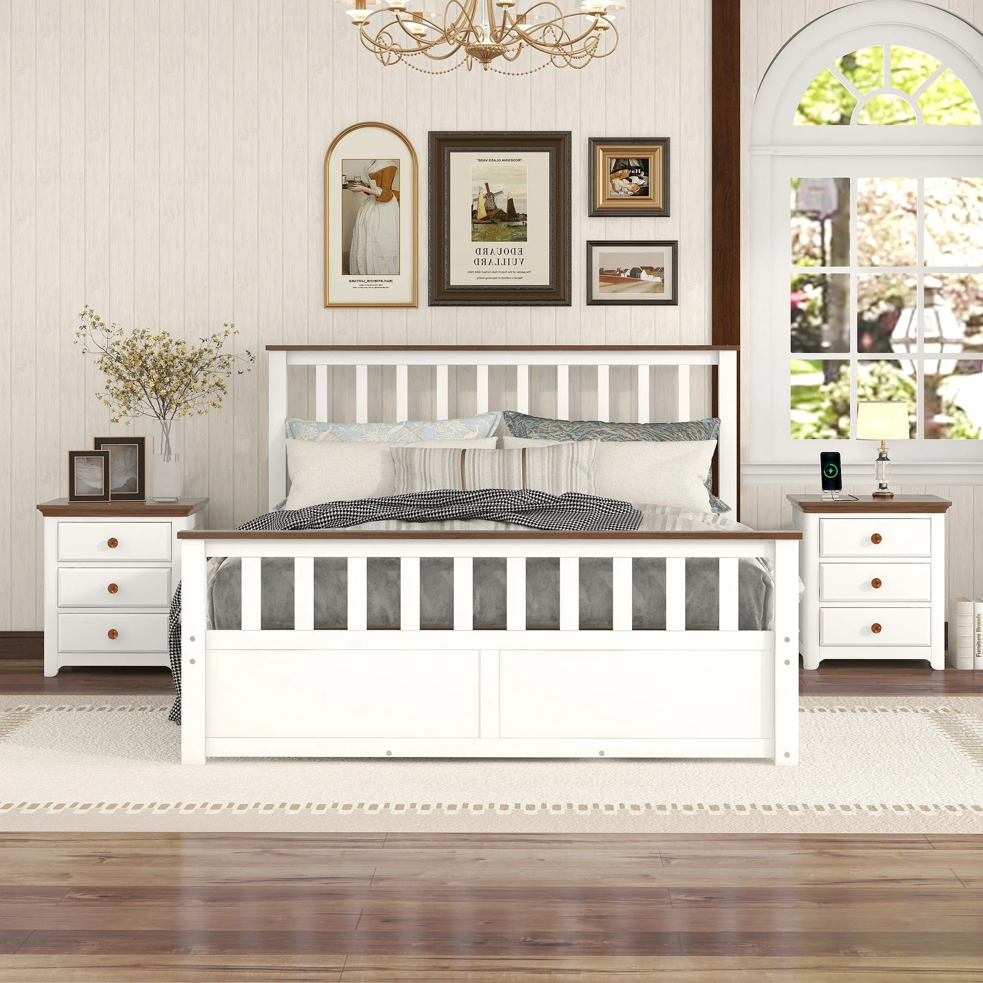 3-Pieces Bedroom Sets Queen Size Platform Bed with Two Nightstands(USB Charging Ports),White Walnut