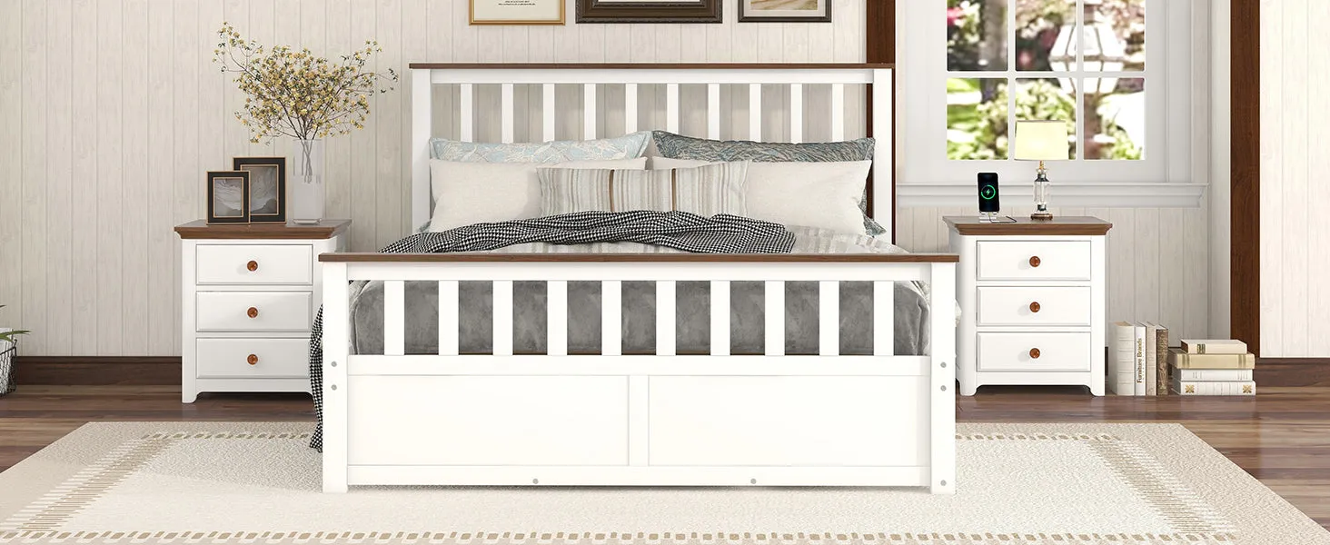 3-Pieces Bedroom Sets Queen Size Platform Bed with Two Nightstands(USB Charging Ports),White Walnut
