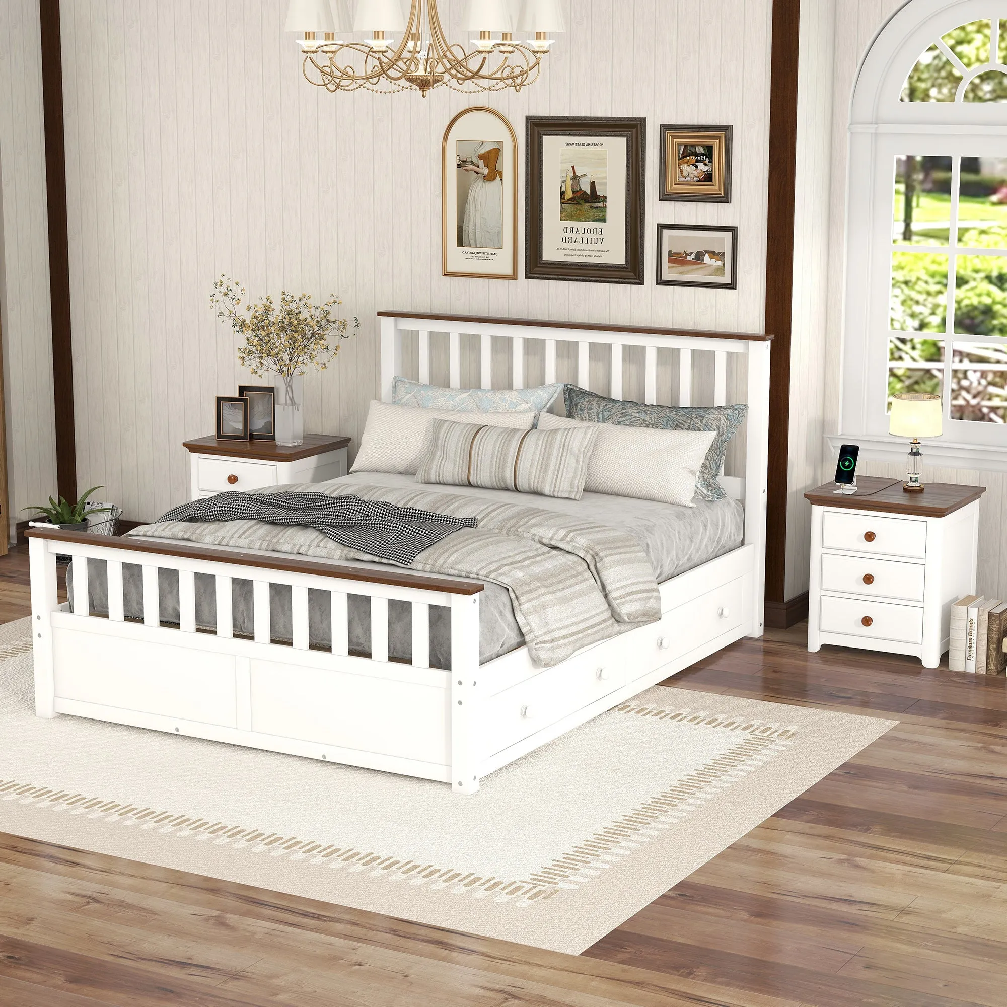 3-Pieces Bedroom Sets Queen Size Platform Bed with Two Nightstands(USB Charging Ports),White Walnut