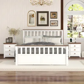 3-Pieces Bedroom Sets Queen Size Platform Bed with Two Nightstands(USB Charging Ports),White Walnut
