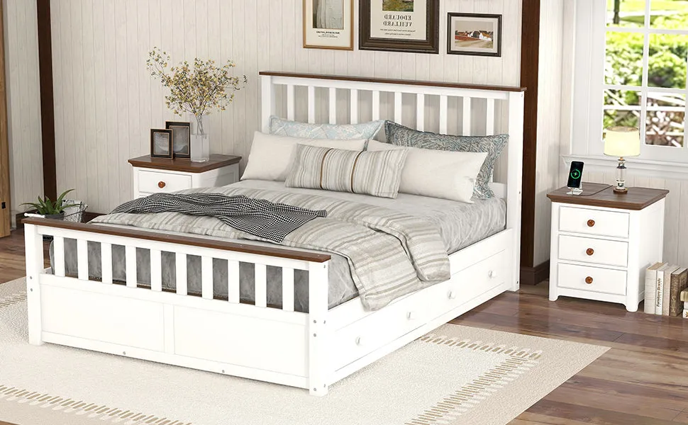 3-Pieces Bedroom Sets Queen Size Platform Bed with Two Nightstands(USB Charging Ports),White Walnut