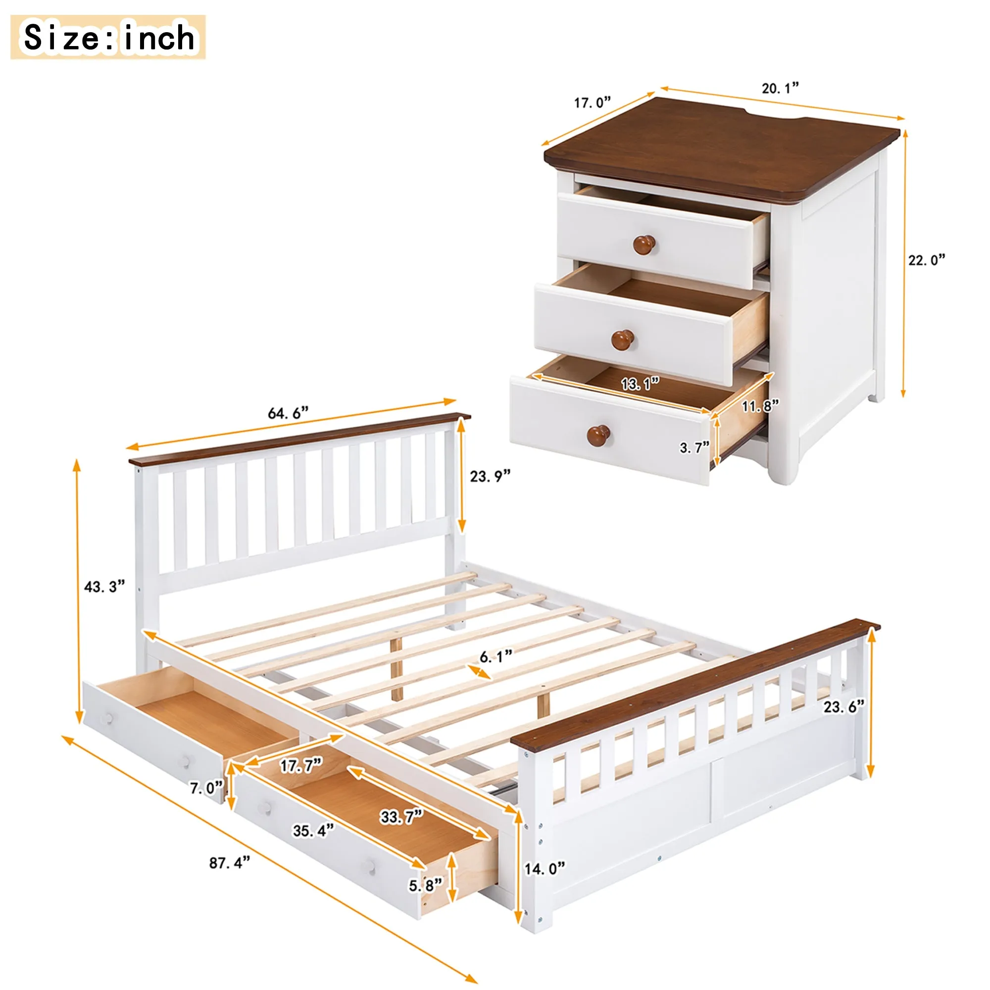 3-Pieces Bedroom Sets Queen Size Platform Bed with Two Nightstands(USB Charging Ports),White Walnut