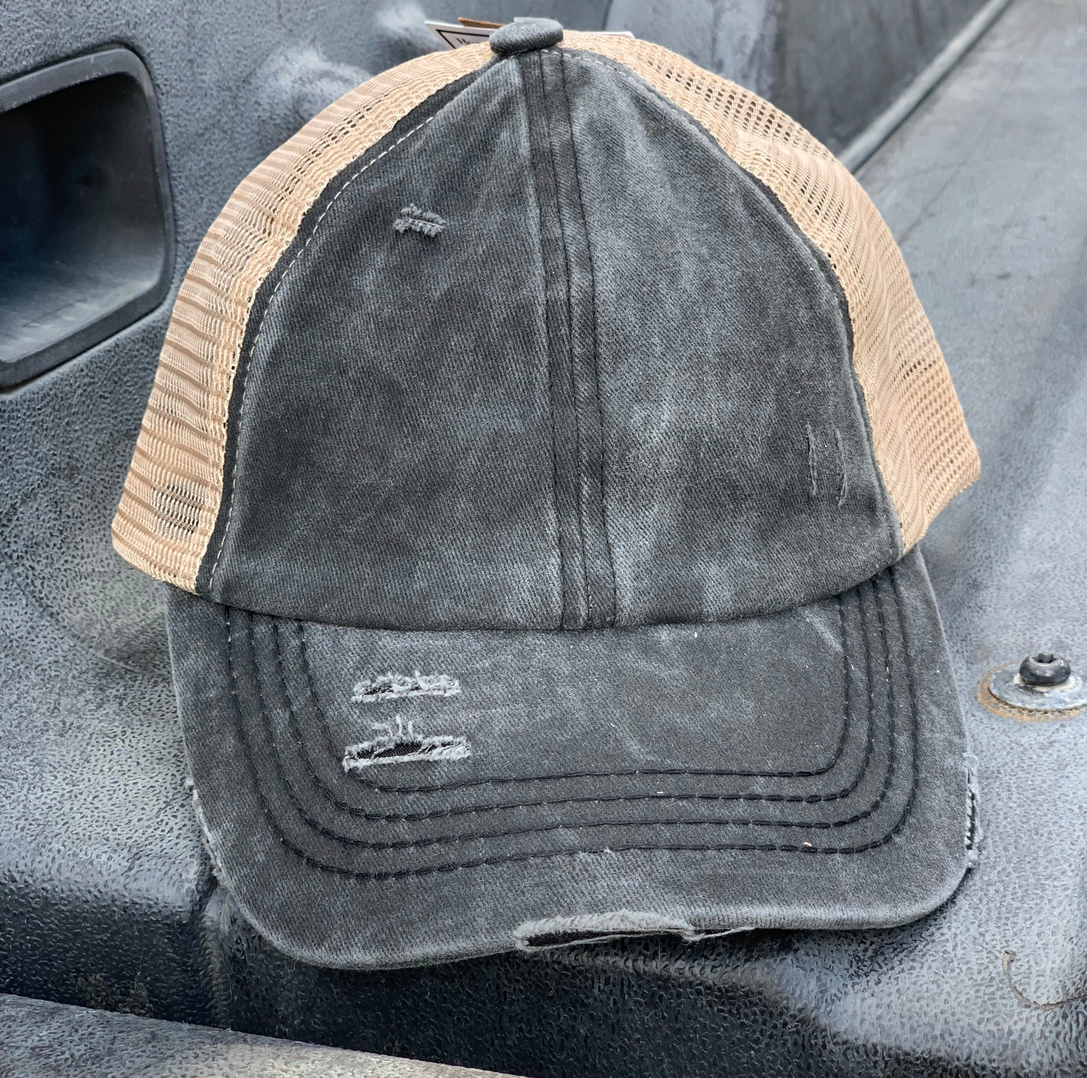 Authentic Black/Beige CC Beanie CrissCross High Ponytail Trucker Hat Distressed Wash Denim