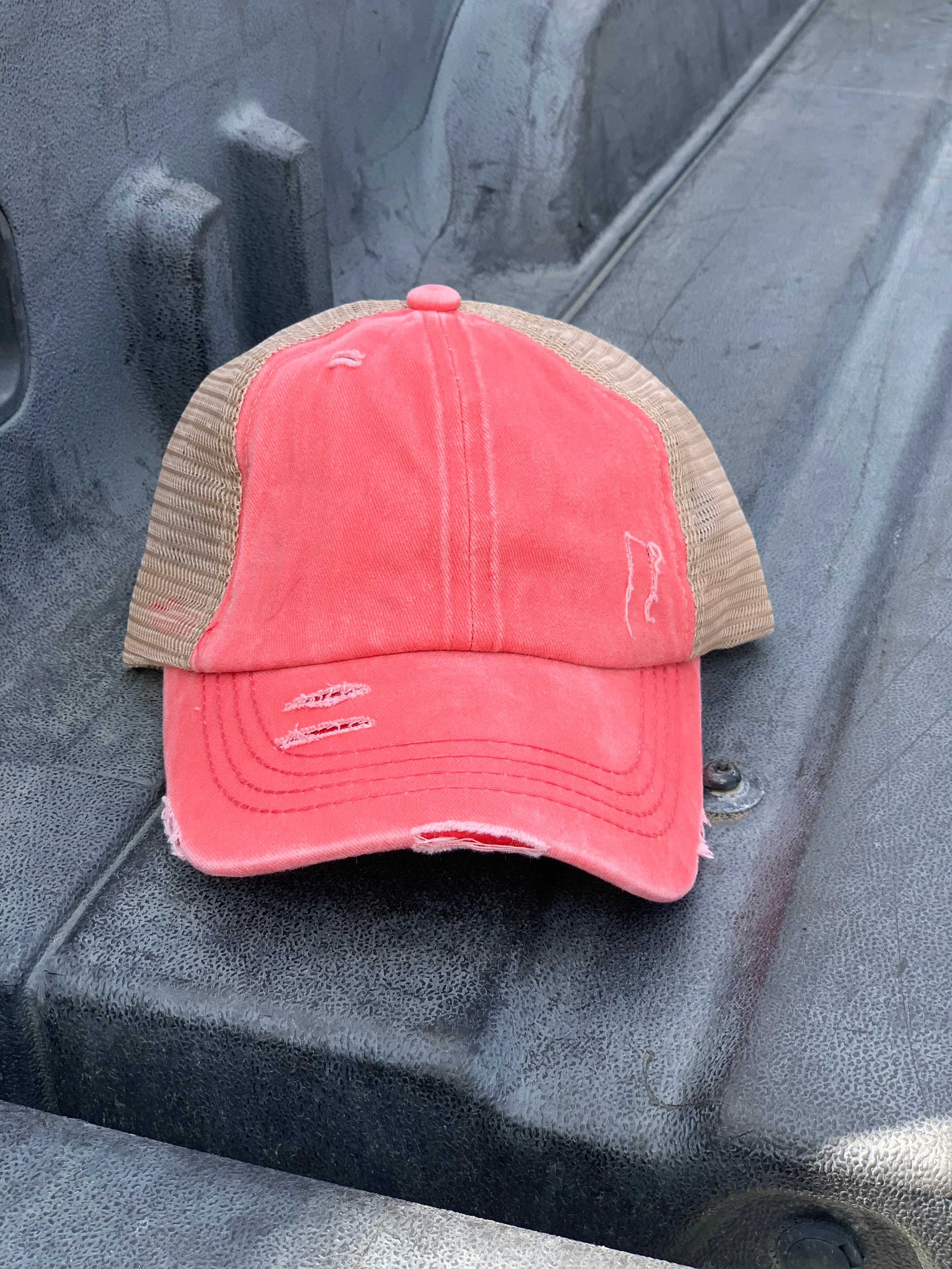Authentic Coral CC Beanie CrissCross High Ponytail Trucker Hat Distressed Wash Denim