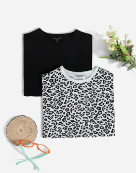 Buy 1 Get 1 Free Ladies Crew Neck Roll Sleeve T-Shirt- White Leopard/Black