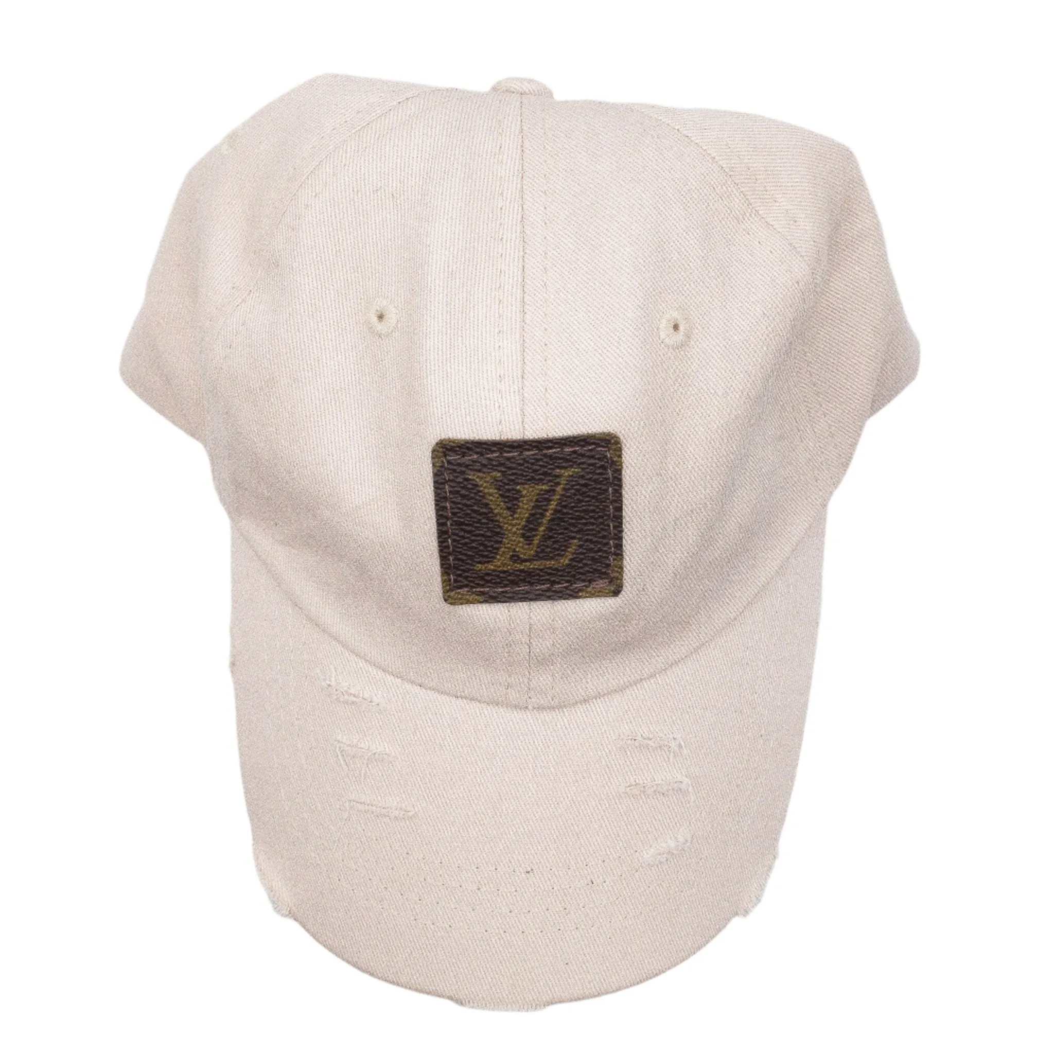 Cream Baseball Cap with Upcycled LV Monogram Patch