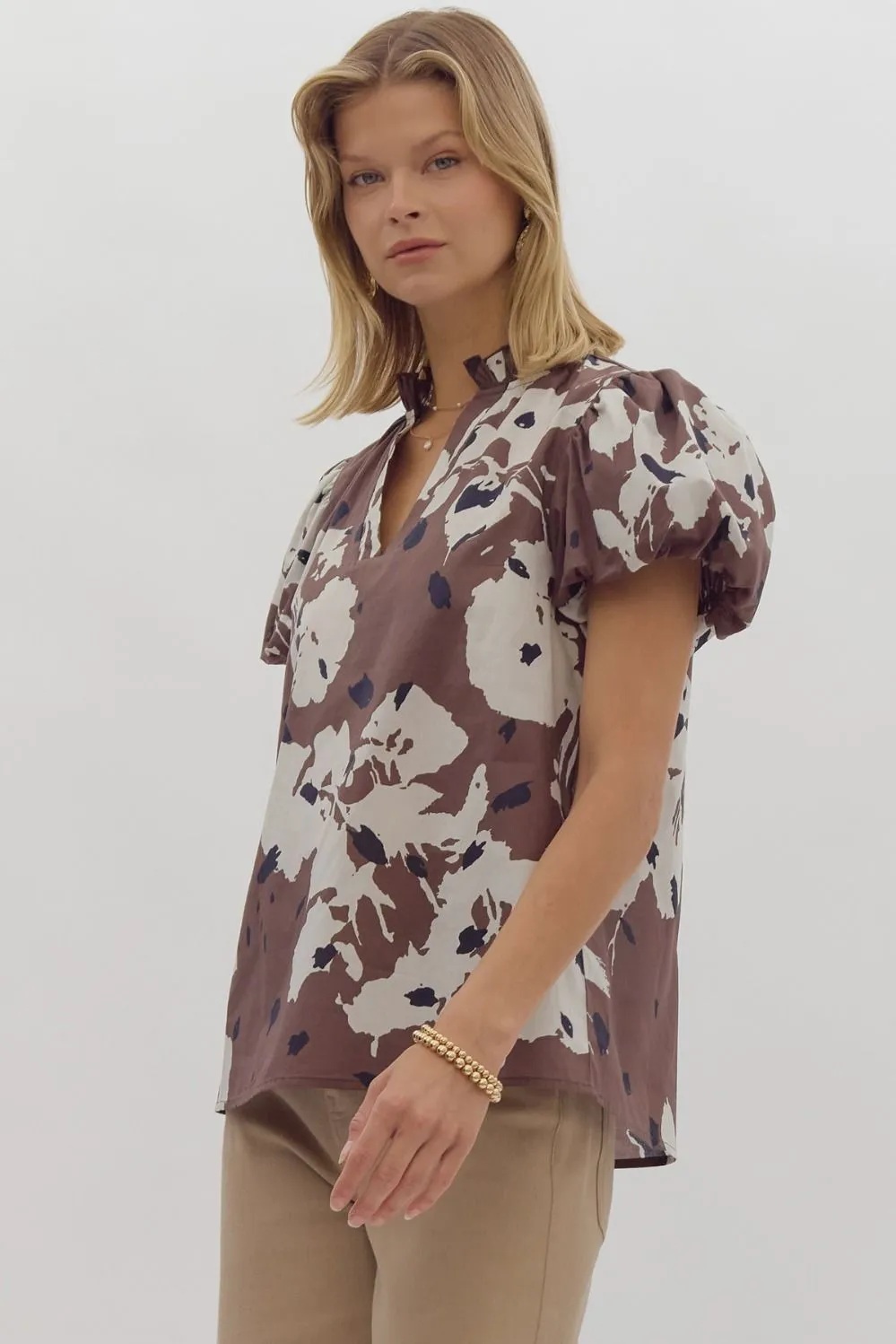 Espresso Print Puff Sleeve Poplin Top