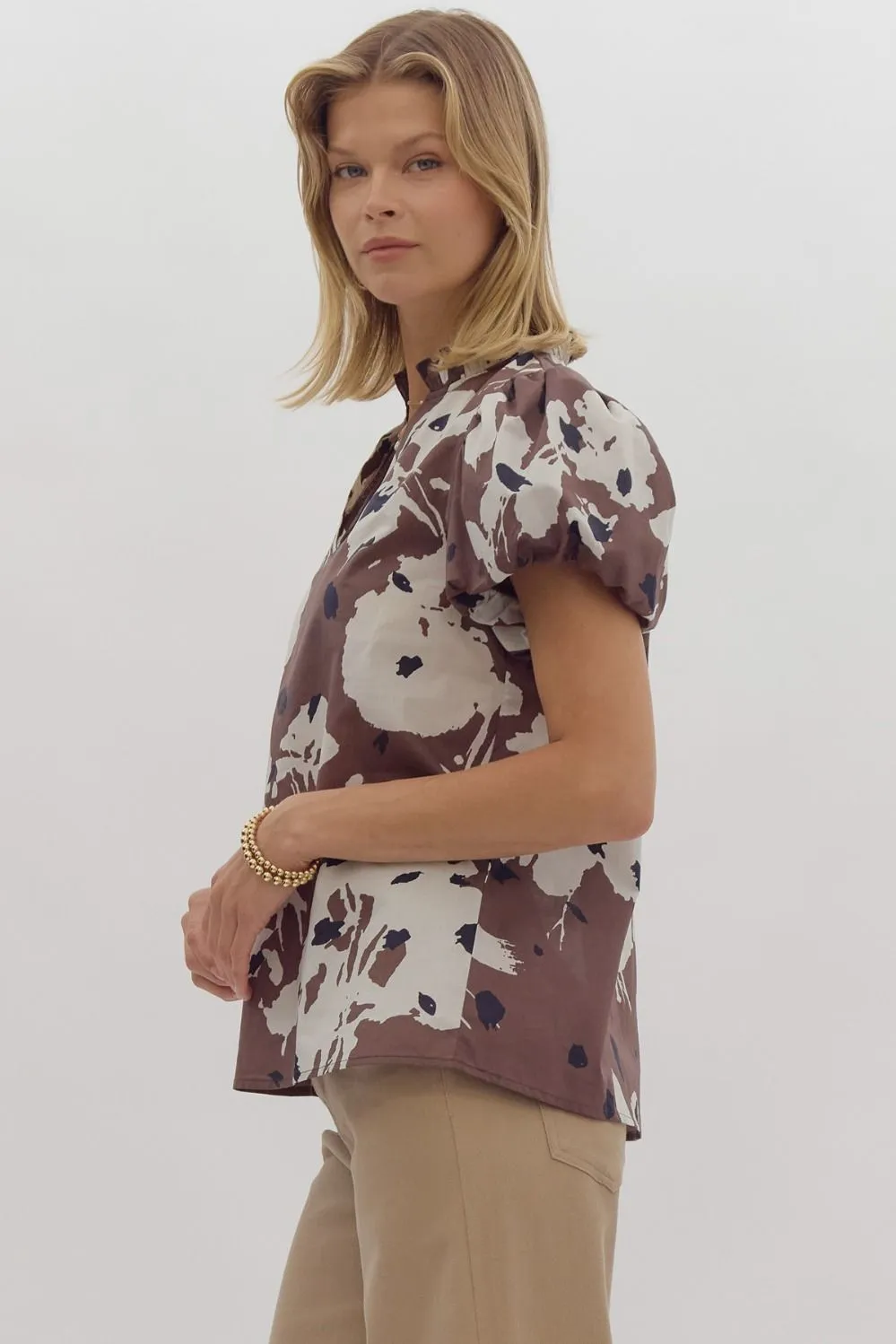 Espresso Print Puff Sleeve Poplin Top