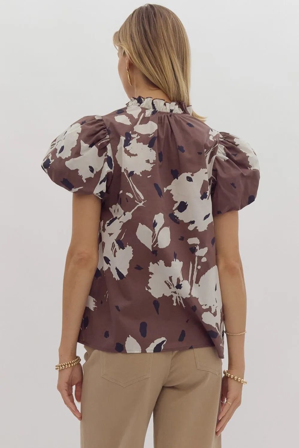 Espresso Print Puff Sleeve Poplin Top