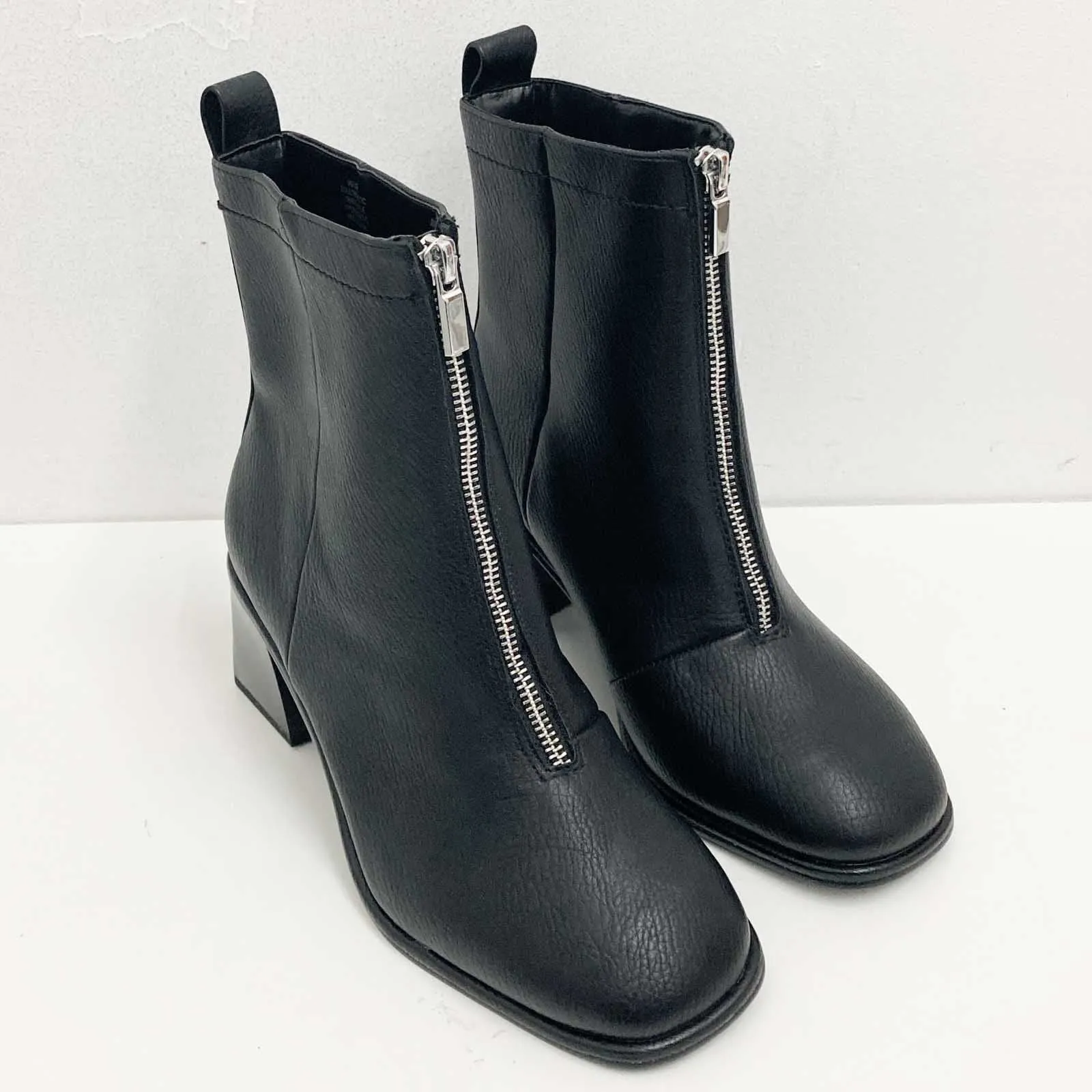 Evans Black Faux Leather Zip Front Heeled Ankle Boots UK 4 Extra Wide