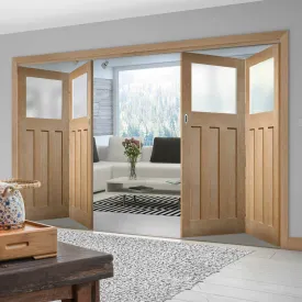 Four Folding Doors & Frame Kit - 1930's Oak Solid 2 2 - Frosted Glass - Unfinished