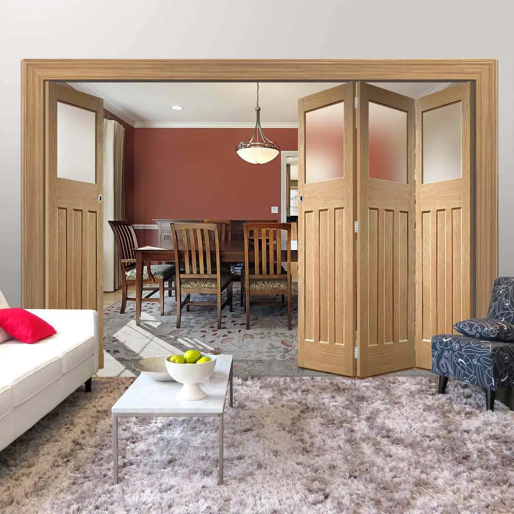 Four Folding Doors & Frame Kit - 1930's Oak Solid 3 1 - Frosted Glass - Unfinished