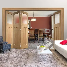 Four Folding Doors & Frame Kit - 1930's Oak Solid 3 1 - Frosted Glass - Unfinished