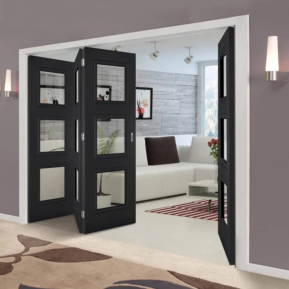 Four Folding Doors & Frame Kit - Antwerp 3 Pane Black Primed 3 1 - Clear Glass