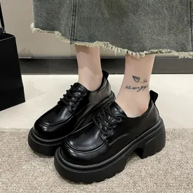 Hnzxzm Pu Leather Lace-Up Flats Shoes for Women Autumn Black Chunky Platform Pumps Woman Round Toe Thick Bottom Oxford Shoes