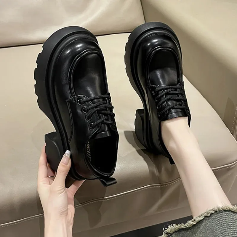 Hnzxzm Pu Leather Lace-Up Flats Shoes for Women Autumn Black Chunky Platform Pumps Woman Round Toe Thick Bottom Oxford Shoes