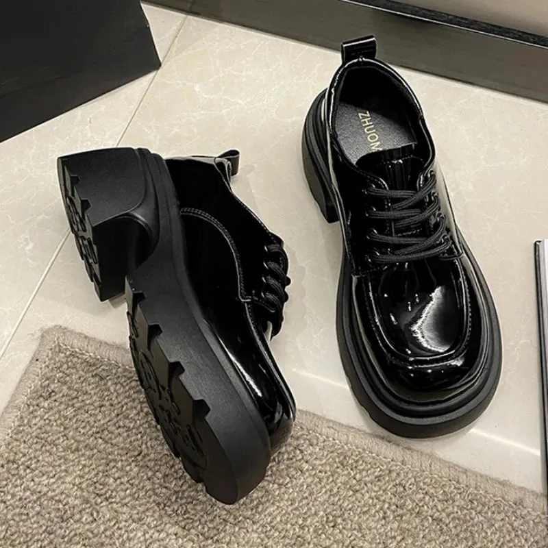 Hnzxzm Pu Leather Lace-Up Flats Shoes for Women Autumn Black Chunky Platform Pumps Woman Round Toe Thick Bottom Oxford Shoes