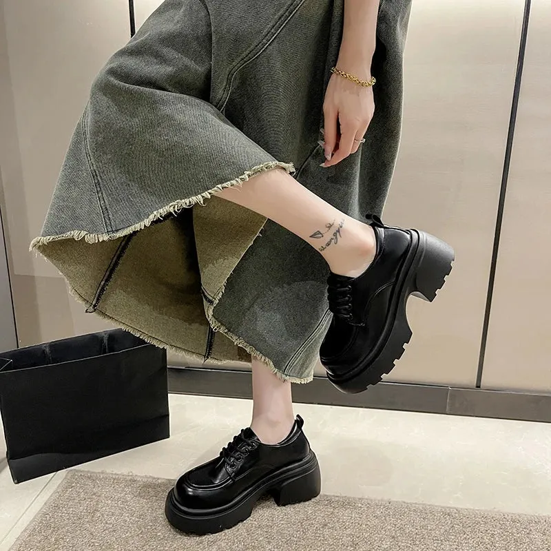 Hnzxzm Pu Leather Lace-Up Flats Shoes for Women Autumn Black Chunky Platform Pumps Woman Round Toe Thick Bottom Oxford Shoes