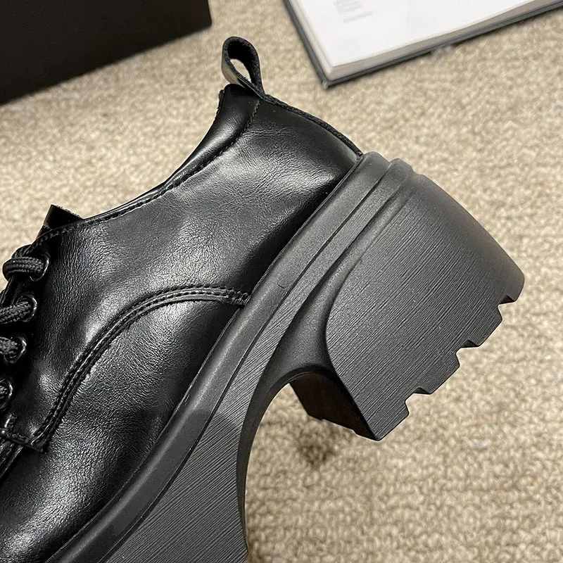 Hnzxzm Pu Leather Lace-Up Flats Shoes for Women Autumn Black Chunky Platform Pumps Woman Round Toe Thick Bottom Oxford Shoes