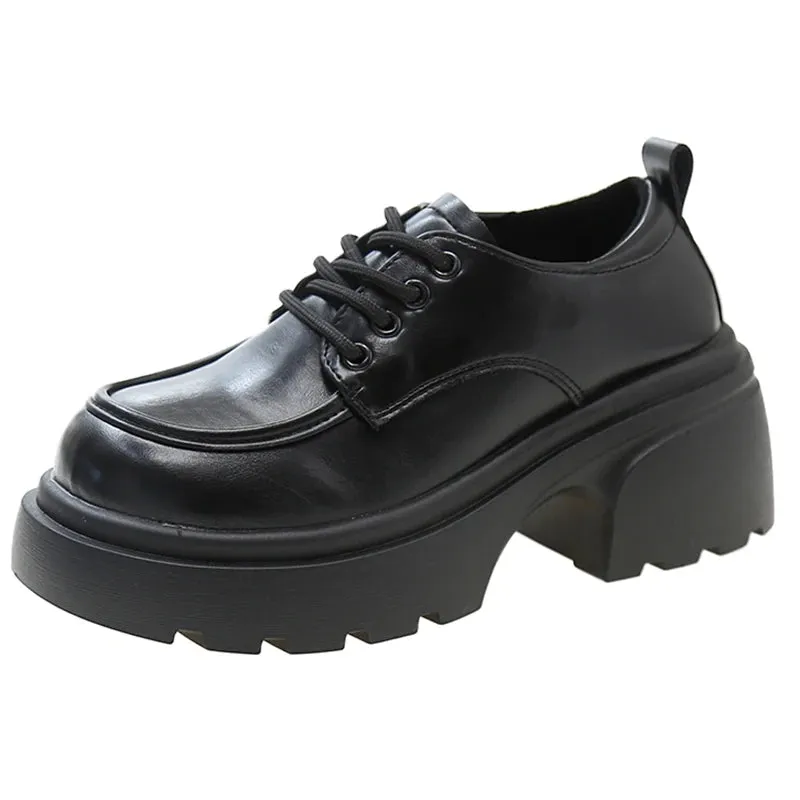 Hnzxzm Pu Leather Lace-Up Flats Shoes for Women Autumn Black Chunky Platform Pumps Woman Round Toe Thick Bottom Oxford Shoes