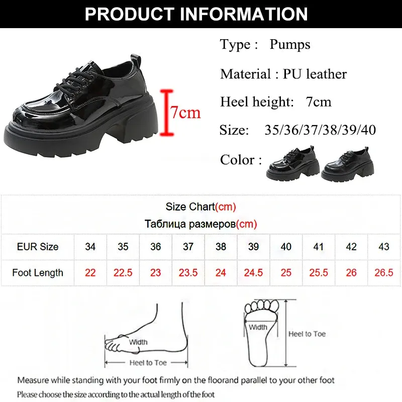 Hnzxzm Pu Leather Lace-Up Flats Shoes for Women Autumn Black Chunky Platform Pumps Woman Round Toe Thick Bottom Oxford Shoes