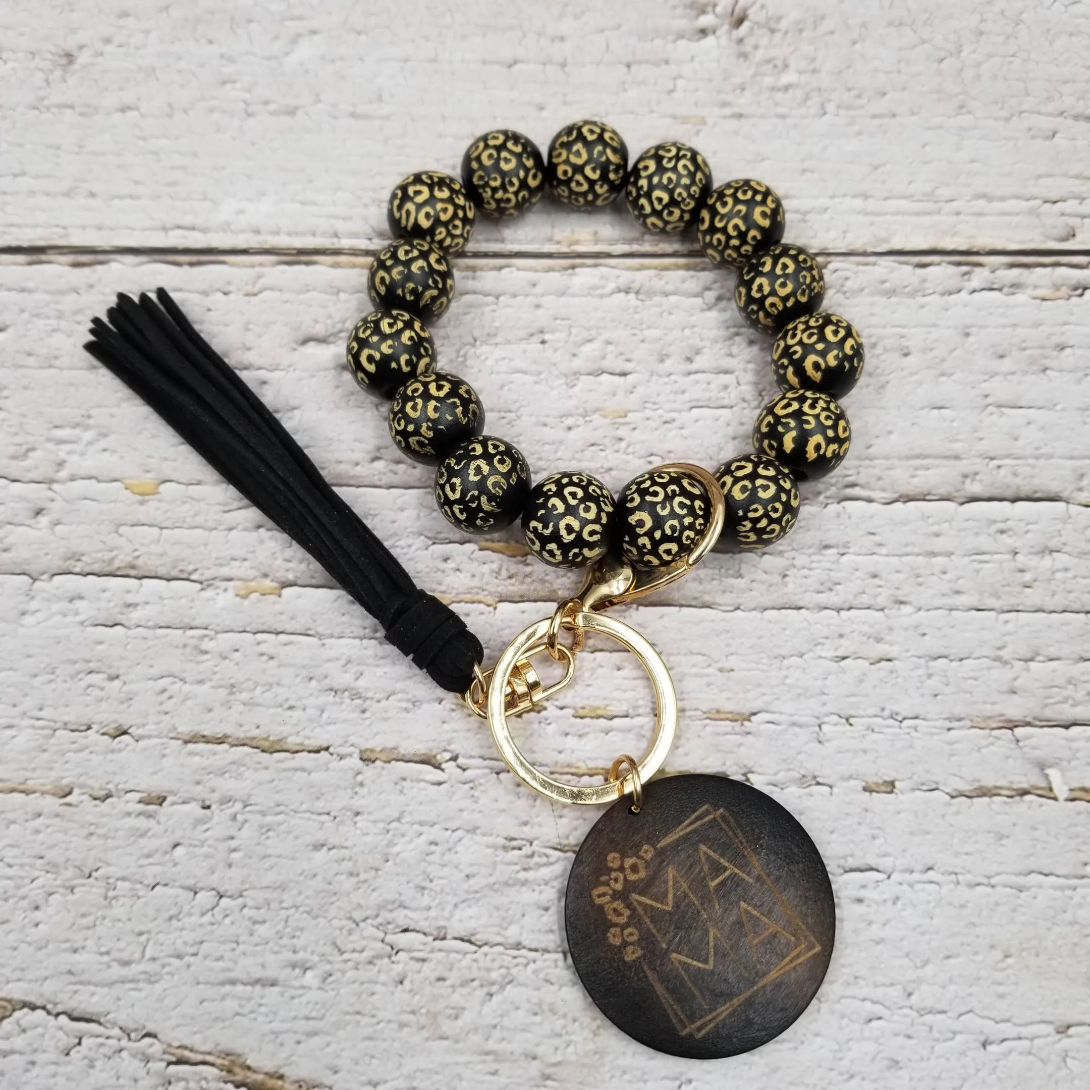 MAMA Leopard Wood Bead Bracelet Keychain: Black