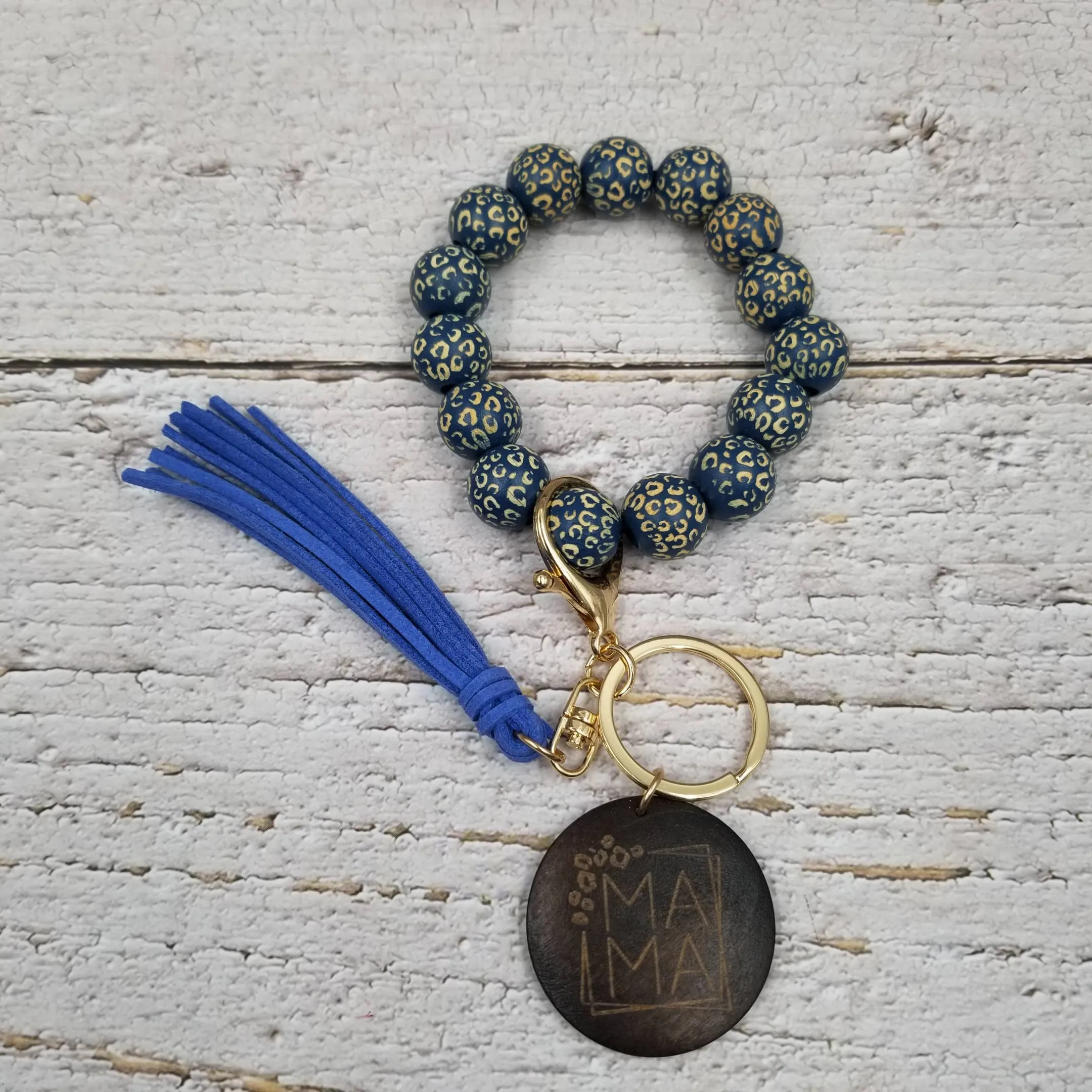 MAMA Leopard Wood Bead Bracelet Keychain: Red