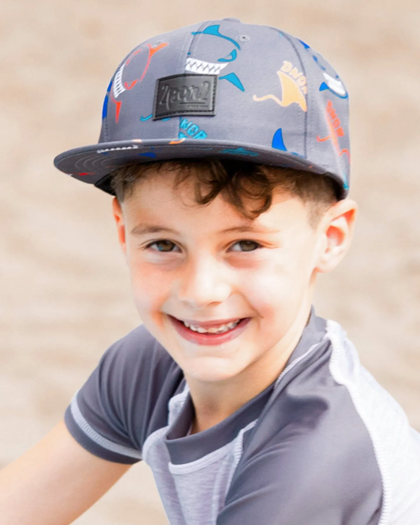 Printed Cap Orange, Red, And Blue Sharks On Gray