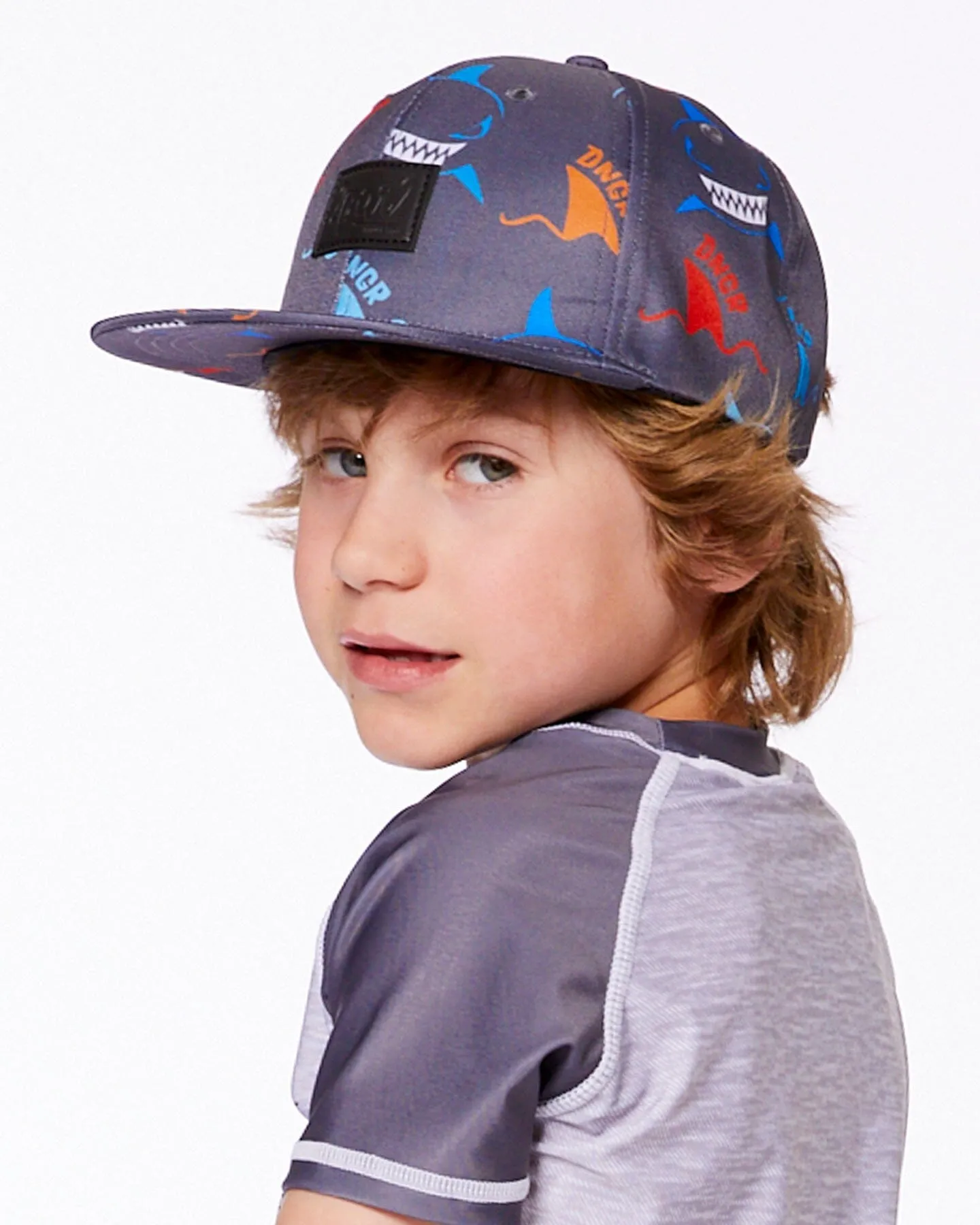 Printed Cap Orange, Red, And Blue Sharks On Gray