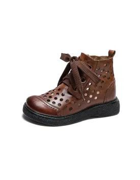 Retro Leather Hollow Wide Toe Box Ankle Boots