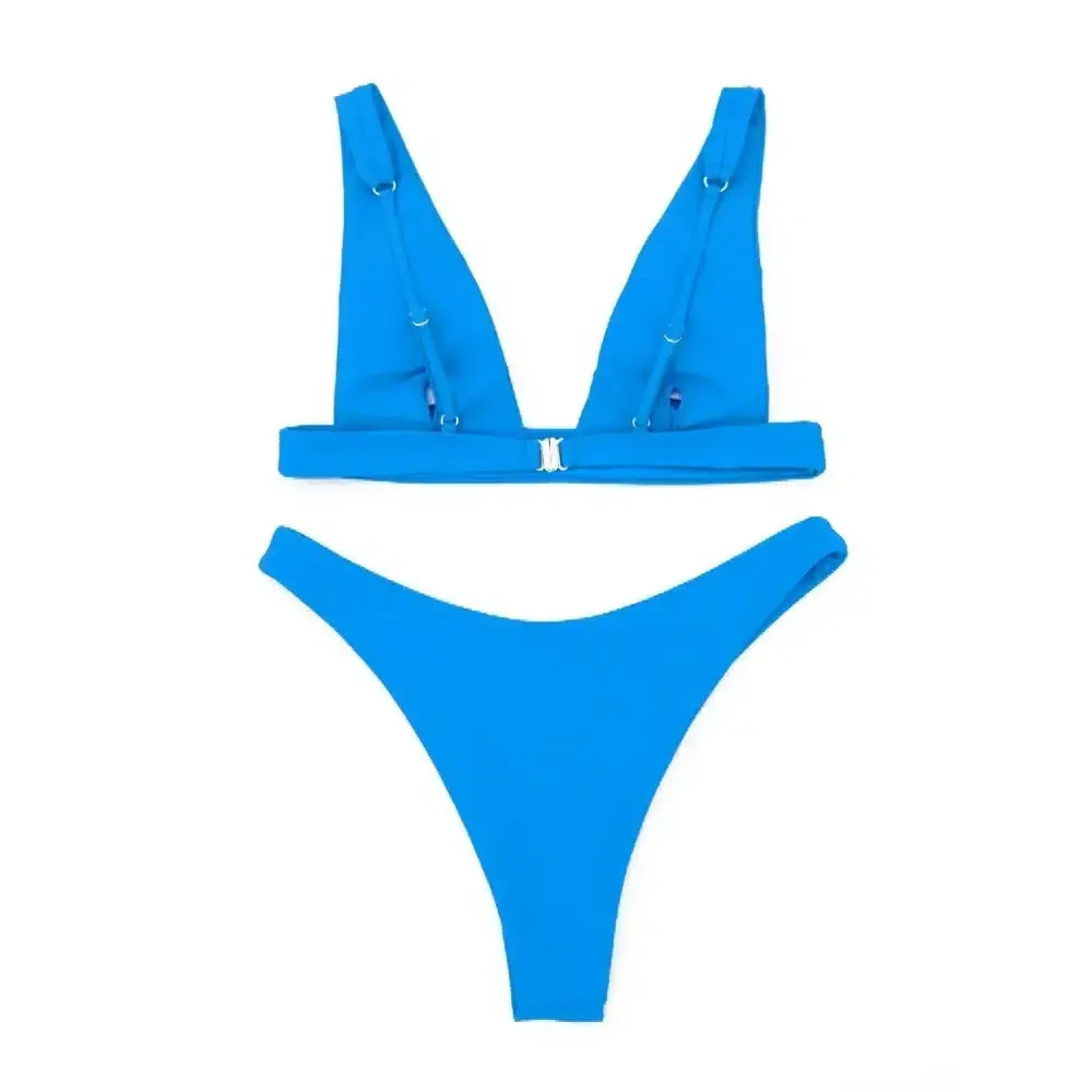 Solid V-neck Bikini Set